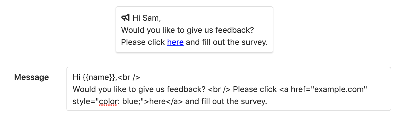 A broadcast message notification using the name placeholder.