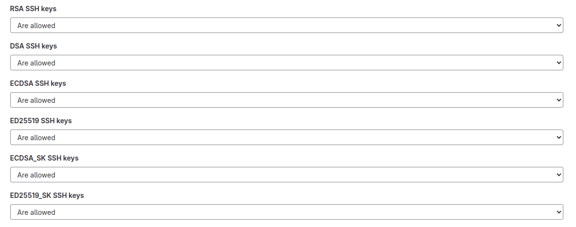 SSH keys restriction Admin area settings