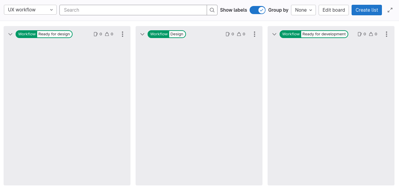 Issue board called "UX workflow" with three columns and no issues