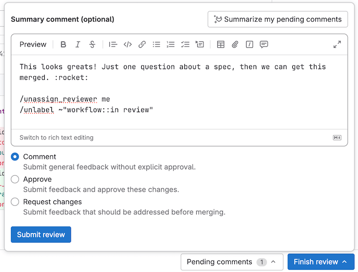 Finish review with comment